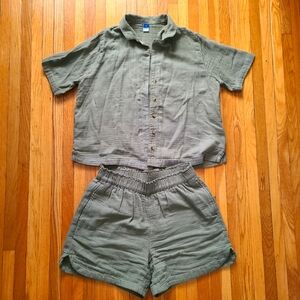 Olive Green Two-Piece Gauze Cotton Shorts Set